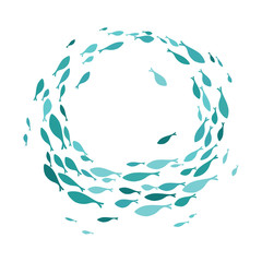 Colored silhouettes school of fish. A group of silhouette fish swim in a circle. Marine life. Vector illustration. Logo fishes.