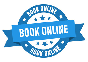 book online ribbon. book online round blue sign. book online