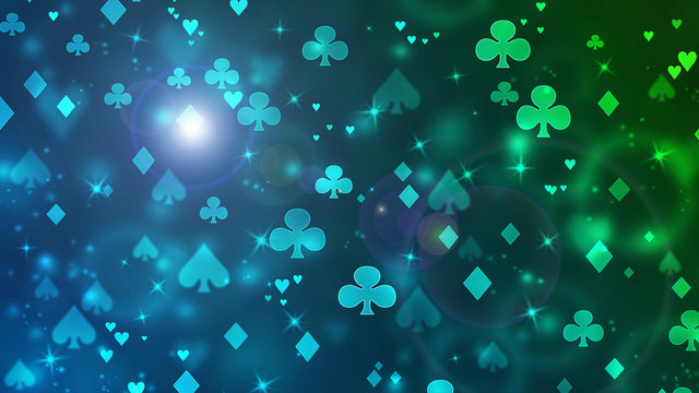 Poker abstract casino bokeh pattern of chaotic playing cards icons in space.
