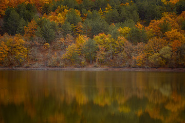 Obraz na płótnie Canvas Autumn forest reflected in water. Colorful autumn morning in the mountains.
