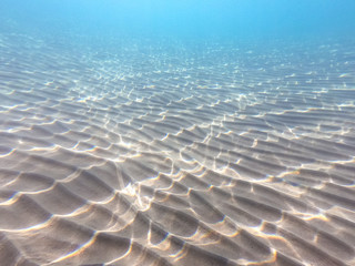 Fototapeta na wymiar Clear water. underwater background with sandy sea bottom. Beautiful texture of the sea and ocean water.