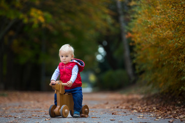 Little toddler boy with teddy bear, riding wooden dog balance bike in autumn park on a sunny warm day