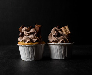 Two Chocolate cupcakes on black background