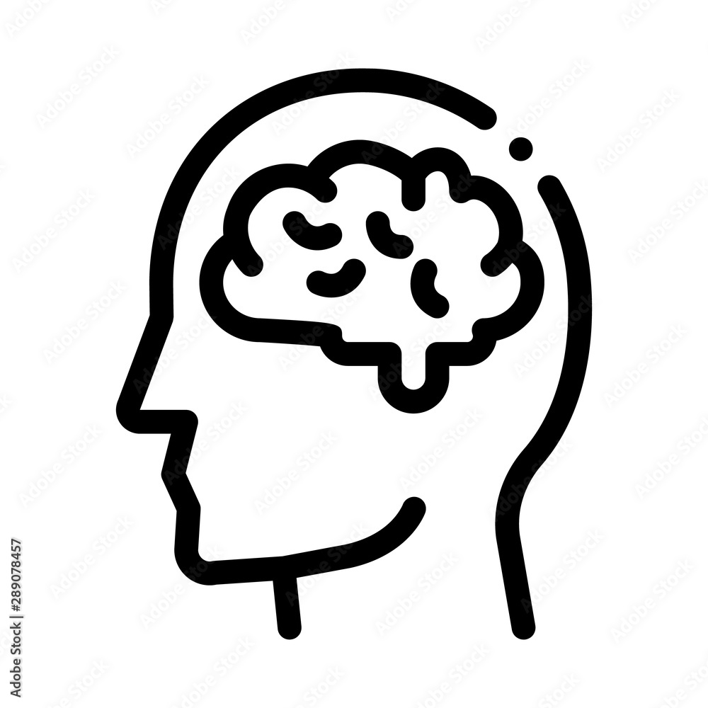 Sticker Human Brain In Man Silhouette Mind Vector Icon Thin Line. Gear And Brain, Heart And Shield, Padlock And Coin Mark Concept Linear Pictogram. Black And White Template Contour Illustration