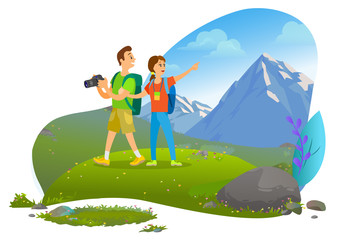 Hiking sport, hikers couple with backpacks and photo camera vector. Backpacking or camping, mountains wild nature, active pastime and outdoor activity. Mountain tourism. Flat cartoon