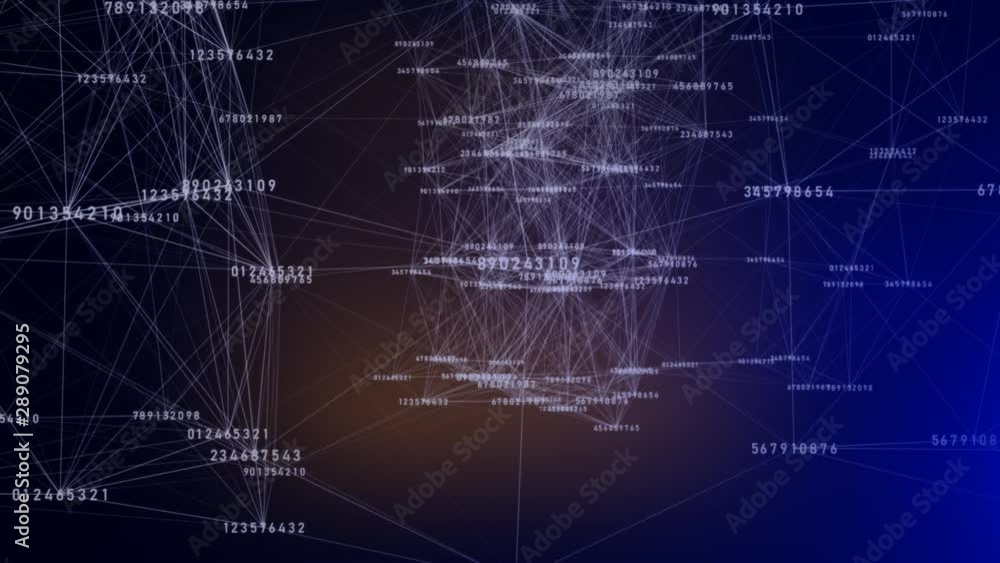 Poster animation of digital numbers connected each other altogether by lines on dark blue background. numbe