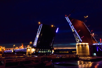 Fototapeta na wymiar Opening of Palace drawbridge. Night view of Palace bridge from the Neva river in Saint Petersburg, Russia