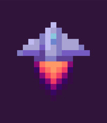 Obraz premium Retro spaceship, pixel art sign in 8 or 16 bit game in dark night sky. Vector starship in universe, pixel-art play and burning rocket ship on purple, pixelated cosmic object for mobile app games