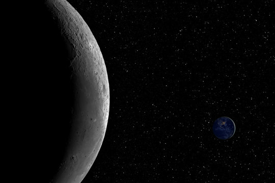 Closeup of the Moon and the small planet Earth against starry night sky background, elements of this image furnished by NASA