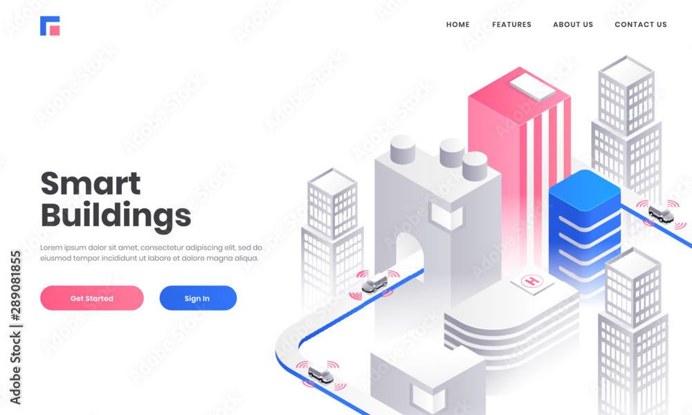 Poster smart building concept based landing page design with isometric illustration of skyscraper buildings