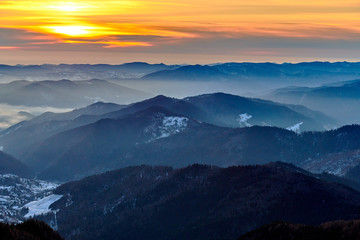 Amazing sunrise view from Ceahlău Mountains National in winter season, Winter Landscape in National Park Ceahlau