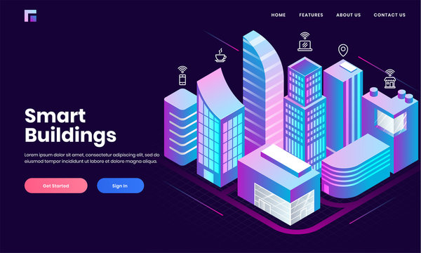 Isometric real estate buildings area showing residentials and technology devices through internet network, Internet of social media service app for Smart Building concept based landing page design.