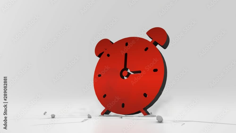 Poster 3d rendering heavy impact red symbol of alarm clock with two bells and thin clock hands in empty gre