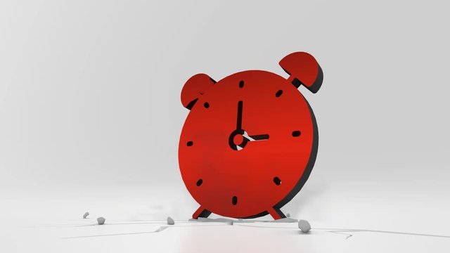 3d rendering heavy impact red symbol of alarm clock with two bells and thin clock hands in empty grey space 4k animation