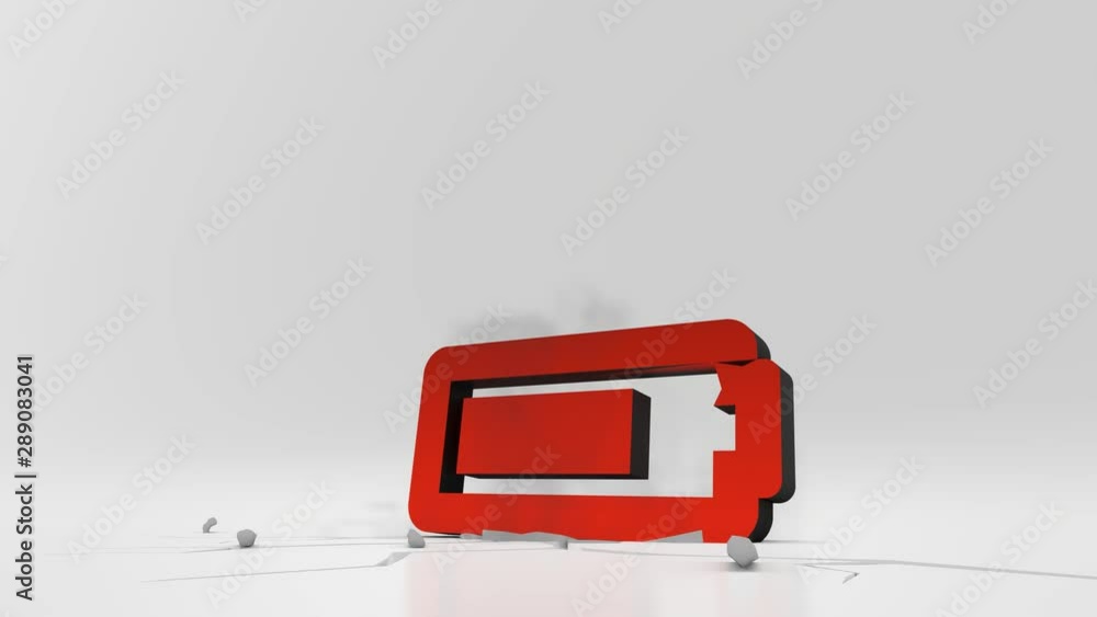 Poster 3d rendering heavy impact red horizontal symbol of battery three quarters in empty grey space 4k ani