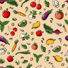 Doodle style fruit and veggies seamless background.