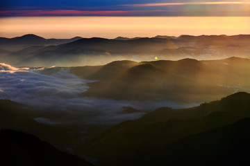 Amazing sunrise view from Ceahlău Mountains National in winter season, Winter Landscape in National Park Ceahlau