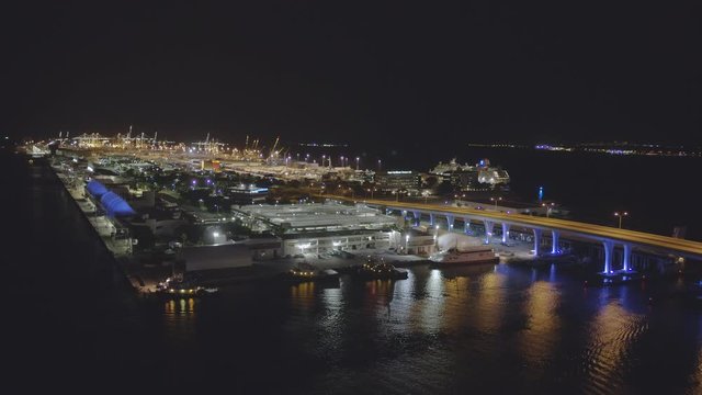 Aerial night footage Port of Miami approach 4k