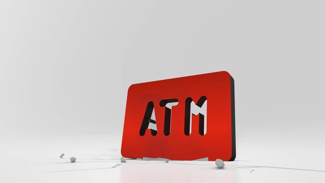 3d rendering heavy impact red symbol of atm sign in empty grey space 4k animation