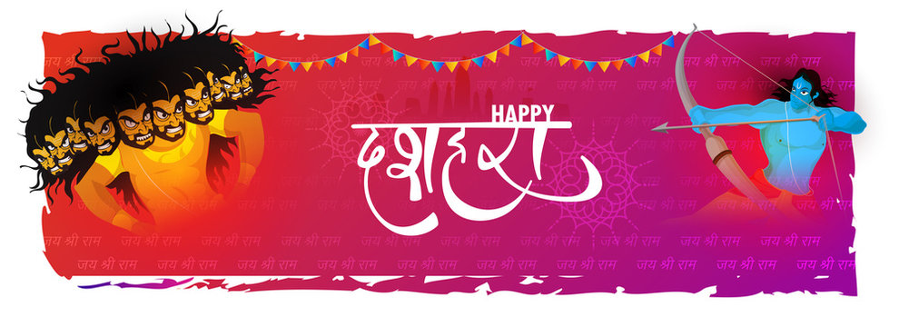 Happy Dussehra header or banner design with illustration of Lord Rama killing Ravana on Jai Shri Ram hindi text pattern abstract background.