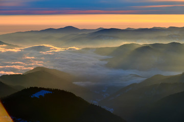 Amazing sunrise view from Ceahlău Mountains National in winter season, Winter Landscape in National Park Ceahlau