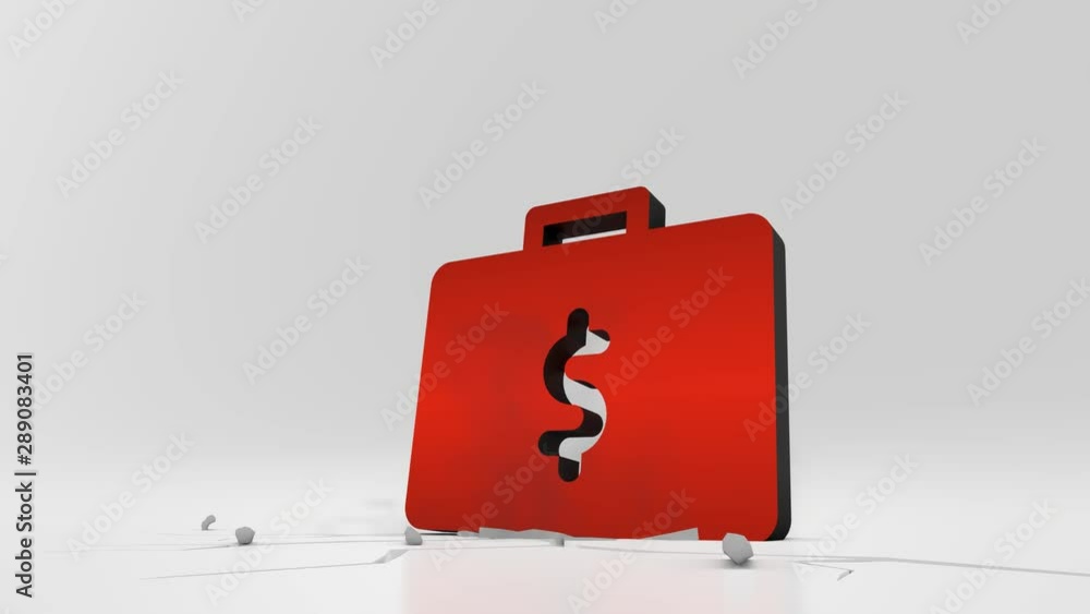 Poster 3d rendering heavy impact red symbol of briefcase with dollar sign in empty grey space 4k animation
