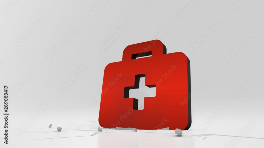 Poster 3d rendering heavy impact red symbol of medical briefcase with cross in empty grey space 4k animatio