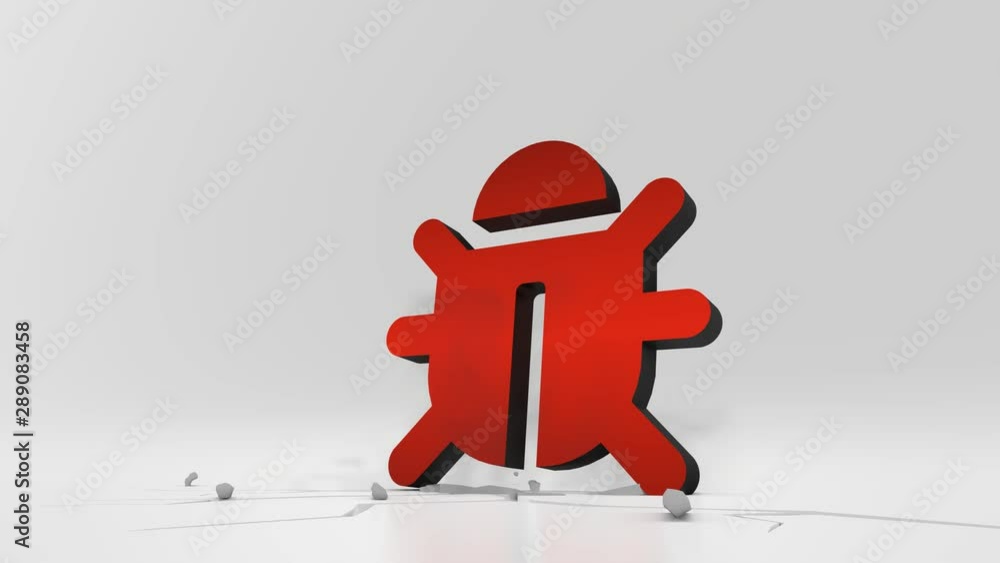 Poster 3d rendering heavy impact red symbol of bug with six legs in empty grey space 4k animation