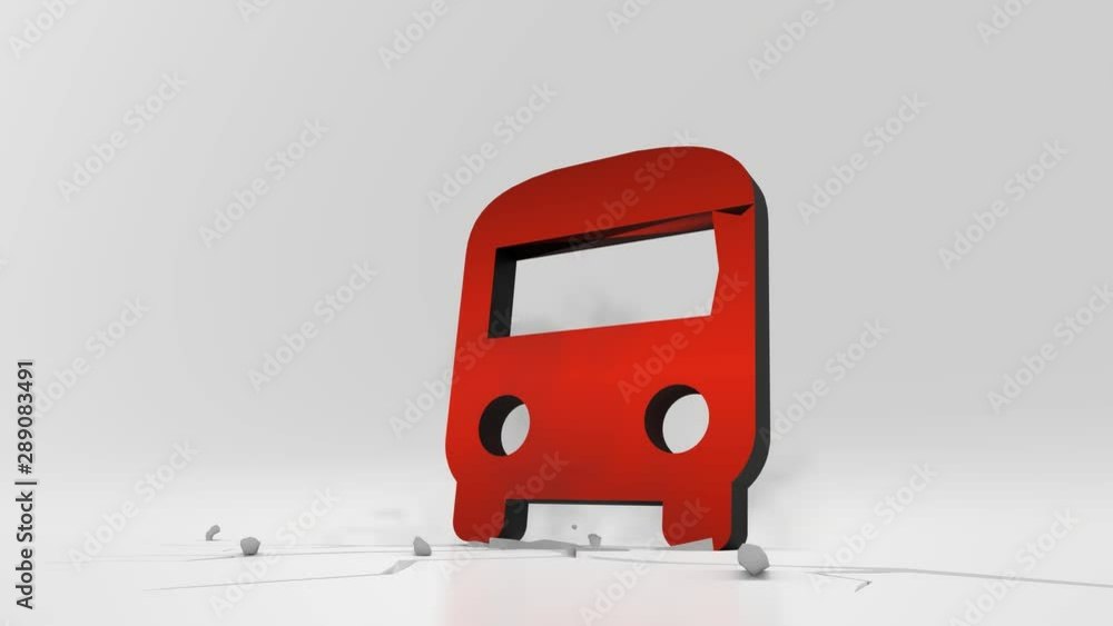 Poster 3d rendering heavy impact red symbol of front view of a bus in empty grey space 4k animation
