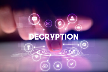 Finger touching tablet with web technology icons and DECRYPTION inscription, web technology concept