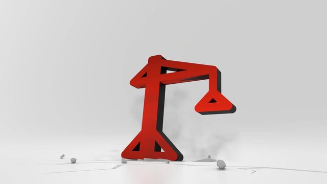 3d rendering heavy impact red symbol of building crane in empty grey space 4k animation