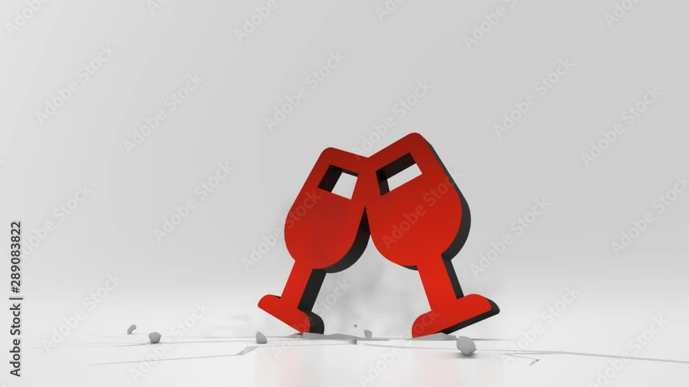 Poster 3d rendering heavy impact red symbol of two wine glass in cheers gesture in empty grey space 4k anim