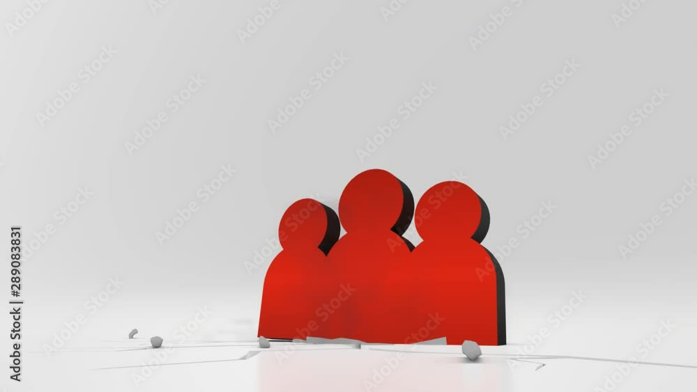 Poster 3d rendering heavy impact red symbol of group of three people in empty grey space 4k animation