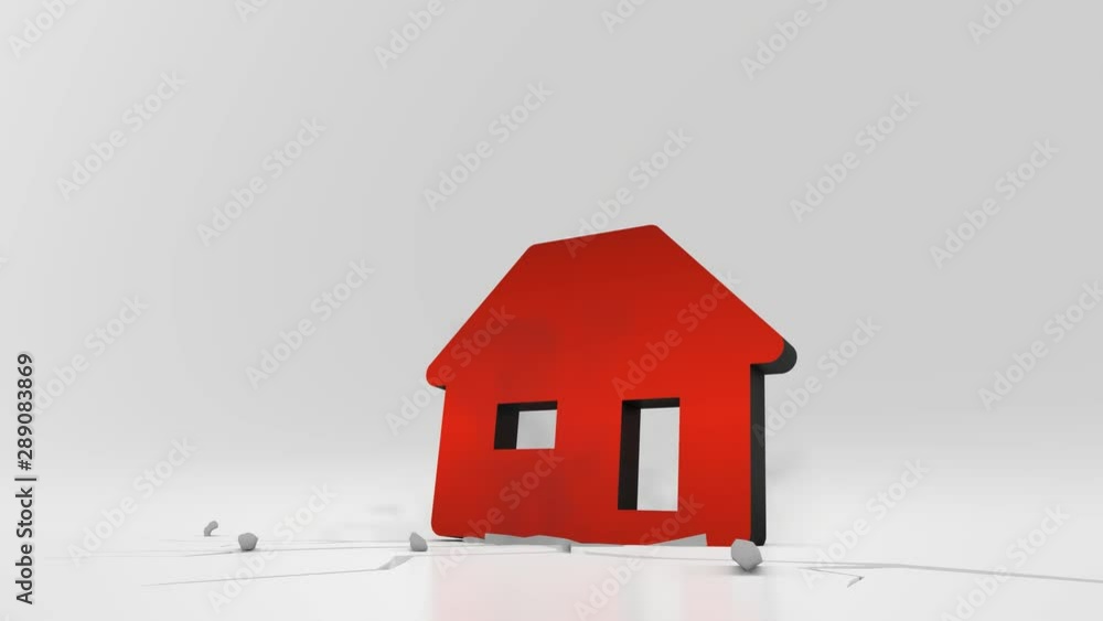 Poster 3d rendering heavy impact red symbol of house with window and door in empty grey space 4k animation