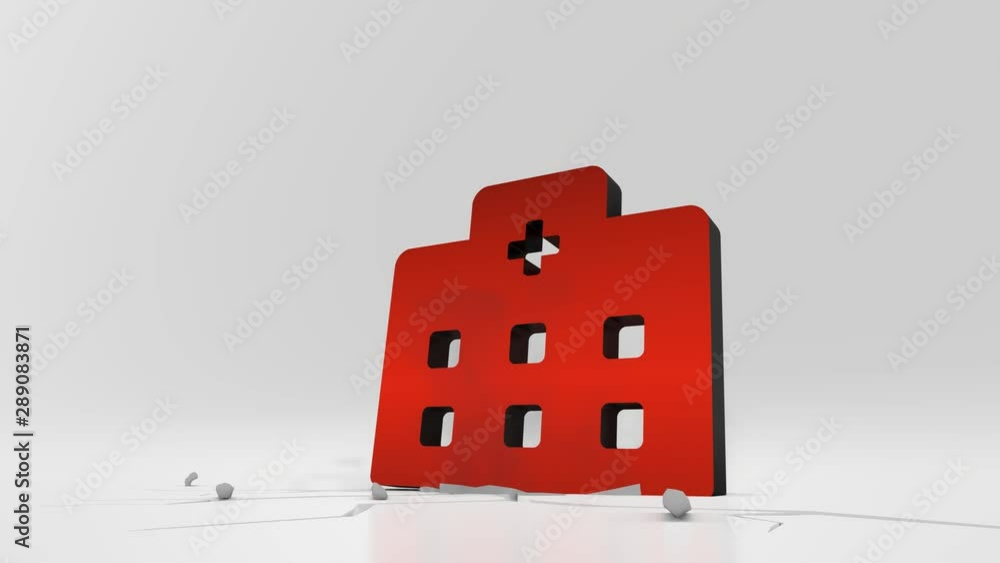 Poster 3d rendering heavy impact red symbol of hospital building with cross in empty grey space 4k animatio