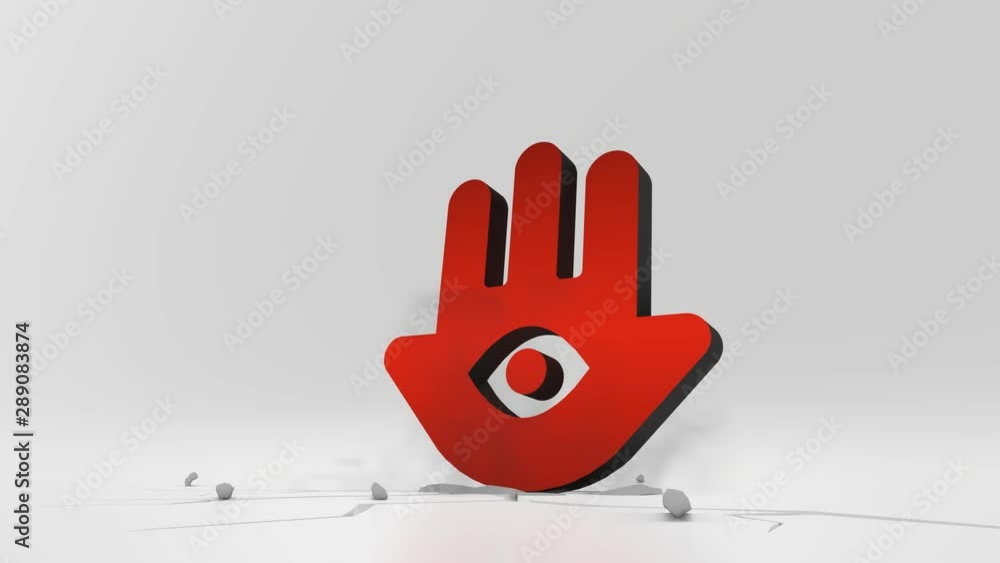 Poster 3d rendering heavy impact red symbol of hand with eye inside in empty grey space 4k animation