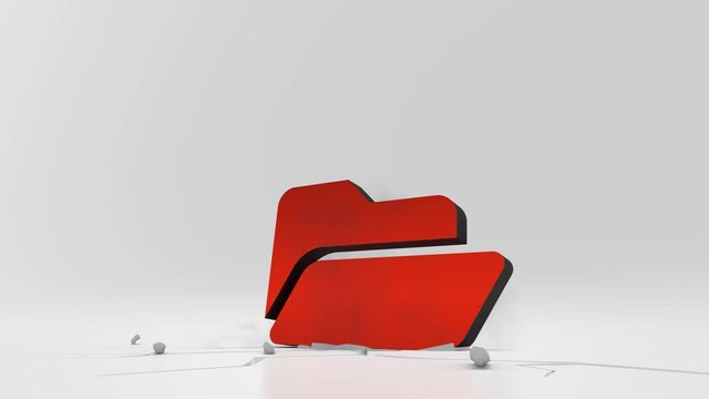 3d rendering heavy impact red symbol of open folder in empty grey space 4k animation