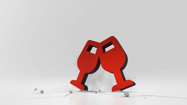 3d rendering heavy impact red symbol of two wine glass in cheers gesture in empty grey space 4k animation