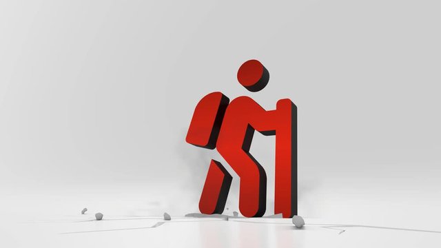 3d rendering heavy impact red symbol of hiking person in empty grey space 4k animation