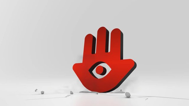 3d rendering heavy impact red symbol of hand with eye inside in empty grey space 4k animation