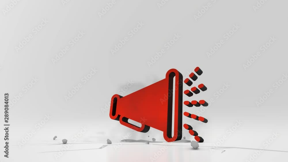 Poster 3d rendering heavy impact red symbol of old megaphone with sound waves in empty grey space 4k animat