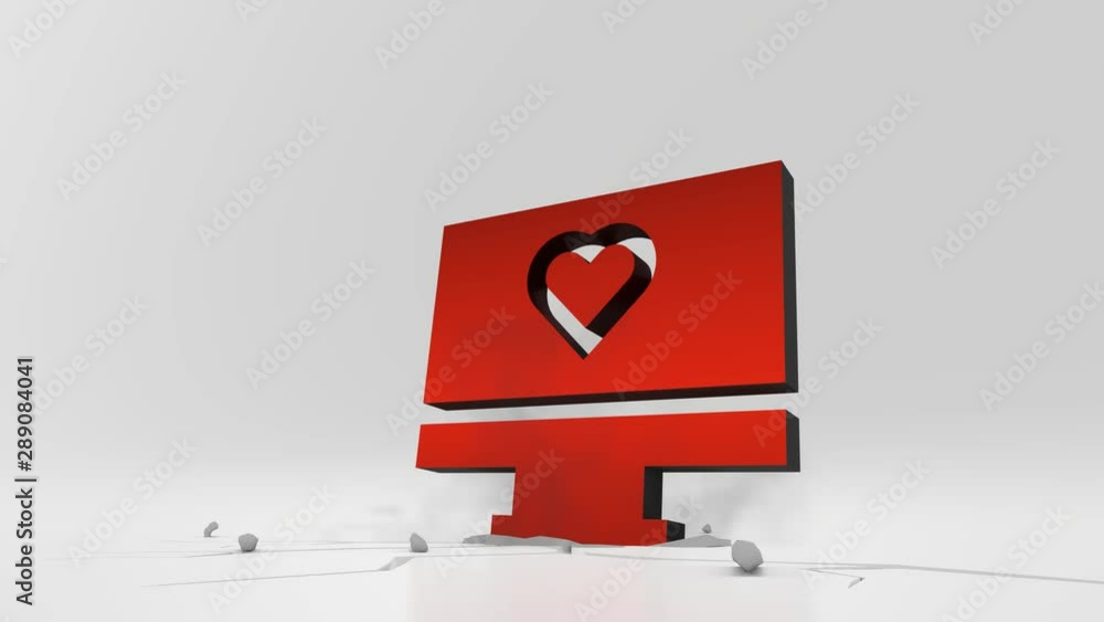 Poster 3d rendering heavy impact red symbol of monitor with heart on screen in empty grey space 4k animatio