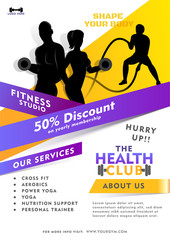 Fitness Studio advertising template or poster design with 50% discount offer on abstract background and exercise time, other information.