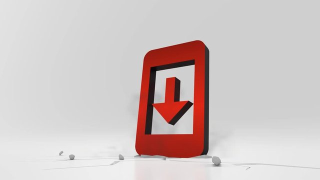 3d rendering heavy impact red symbol of mobile phone with down arrow on screen in empty grey space 4k animation