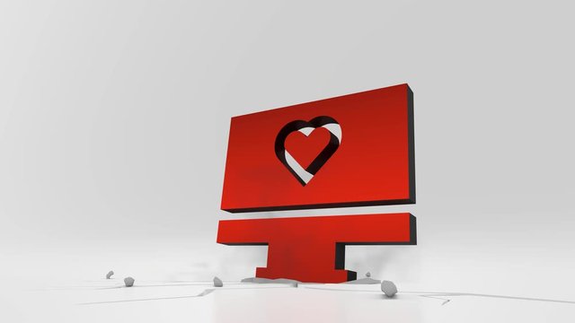 3d rendering heavy impact red symbol of monitor with heart on screen in empty grey space 4k animation