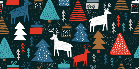 Materiał do szycia Childish seamless pattern with deers and pines