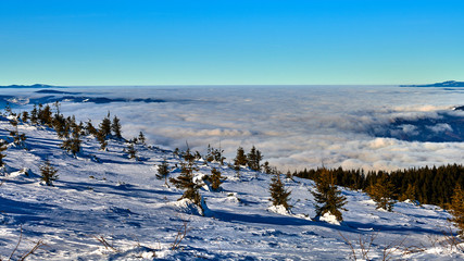 Aerial Landscape view from Ceahlău Mountains National Park at sunset in winter season,Sunset in Ceahlau Mountains