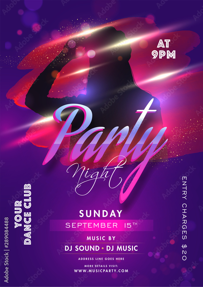 Poster night party invitation card design with silhouette female and event details on brush stroke effect s