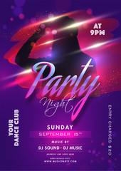 Night Party invitation card design with silhouette female and event details on brush stroke effect shiny purple background.