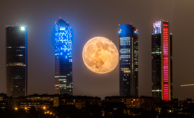 Madrid Skyline with full moon